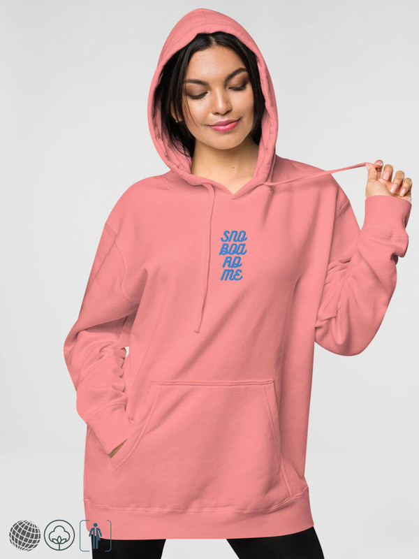 Pigment-Dyed Sweatshirt     Unisex Anywear Men’s Women’s long sleeves hooded kanga pouch sweatshirts for tall plus size man woman in pink with light blue letter pattern MiteigiYūki fitness gym running sports mens womens sportswear