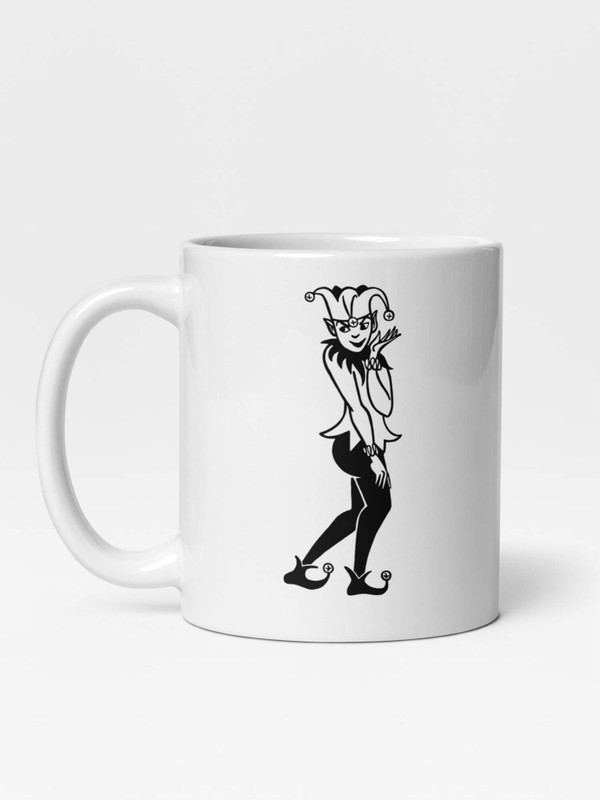 Glossy Coy Elf Mug     Cartoon Men’s Joker Elfs face character drinks cup coffee, tea, juice, milk drinking cups miteigi branded product item tumblers ceramics in white with pink multicolor pattern Ceramic Anime Gifts mens funny facial Jokers elf’s expression souvenirs mugs
