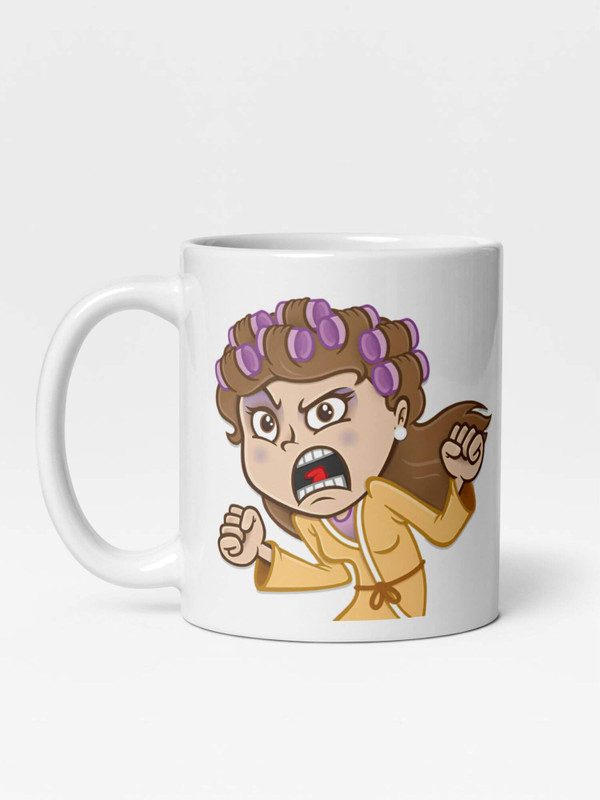 Glossy Angry Housewife Mug      Japan Cartoon Woman character drinks cup coffee, tea, juice, milk drinking cups miteigi branded product item tumblers ceramics in white with multicolor pattern Ceramic Anime Gifts girls chicks women’s curlers nightgown upset annoyed womens Japanese souvenirs mugs