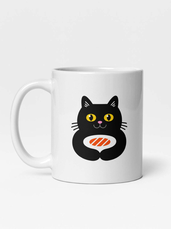 Glossy Happy Black Cat with Salmon Mug       Cartoon animal fish character drinks cup coffee, tea, juice, milk drinking cups miteigi branded product item tumblers ceramics in white with black multicolor pattern Ceramic Anime Gifts cats food hugging mugs