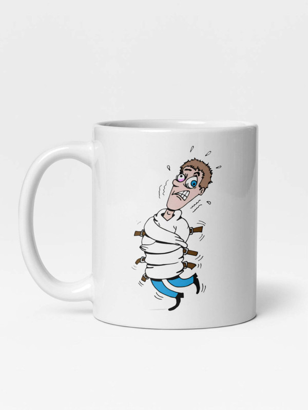 Glossy Crazy Guy in Straight Jacket Mug      Japan Cartoon Men’s character drinks cup coffee, tea, juice, milk drinking cups miteigi branded product item tumblers ceramics in white with multicolor pattern Ceramic Anime Gifts Institutionalized guys mental man sniffy crying upset annoyed mens Japanese souvenirs mugs