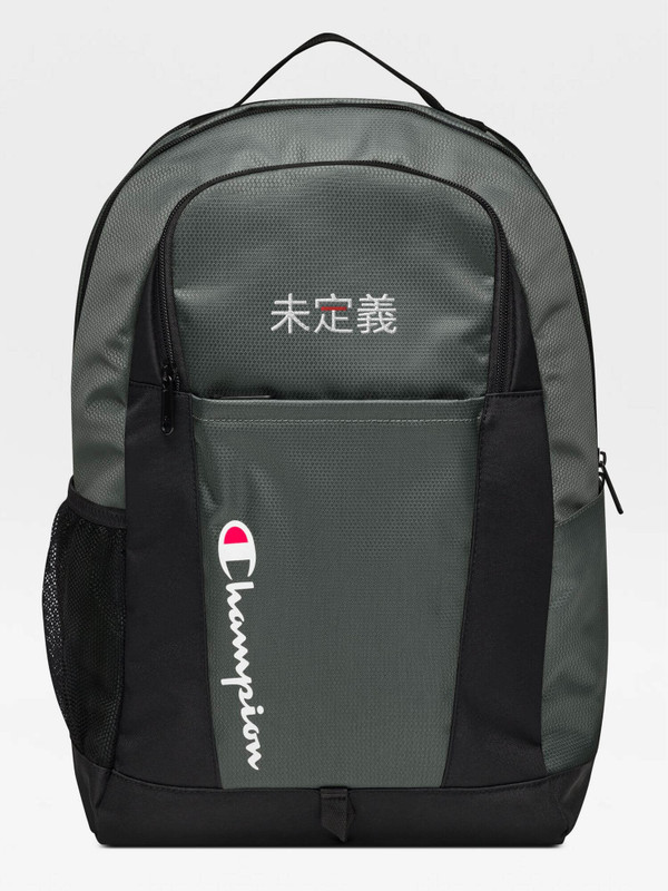Champion x miteigi Japan Logo Backpack      miteigi Logo Japanese Branded product item travel luggage backpacks everyday bags in Heather Oxford Gray grey with multicolor letter design fitness sports sportswear gym yoga gear