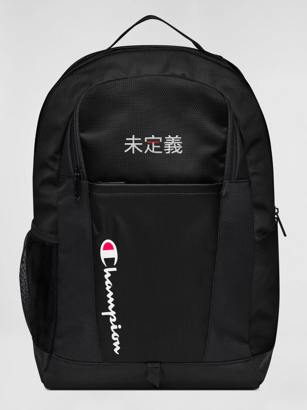 Champion x miteigi Japan Logo Backpack      miteigi Logo Japanese Branded product item travel luggage backpacks everyday bags in black with multicolor letter design fitness sports sportswear gym yoga gear