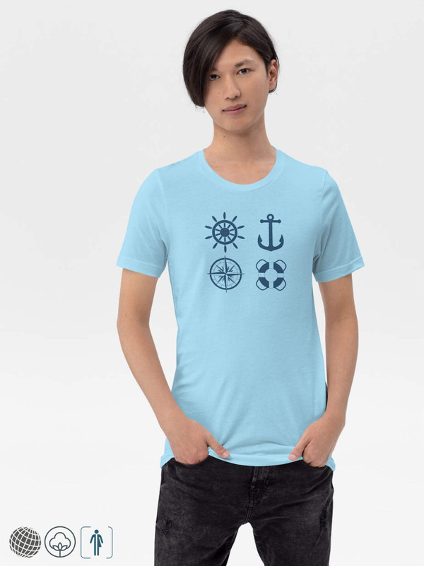 Bella + Canvas x miteigi Logo Crewneck Genderful Unisex T-Shirt blue    Unisex anywear Women’s Men's Short Sleeves o-neck Japanese Casual Solid Color Cartoon Nautical Yachting Sailing anchor lifebuoy compass sail wheel rudder steering symbols characters Logo Branded product item Beach travel vacation holiday getaway womens mens crew neck round Tops T-Shirts for tall-, plus-, size man woman sailors boating yachts boats ships maritime oceans marine shipping  tees