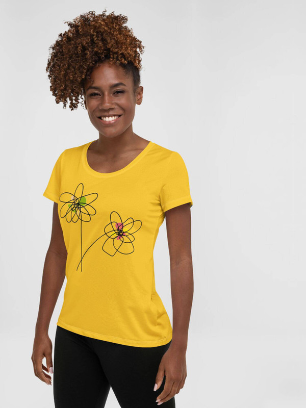 Floral Scoopneck T-Shirt  Genderful Women’s petite, tall plus size Scoop neck athletic round o-neck short sleeves T-shirts for woman in yellow with multicolor flower print design womens tees