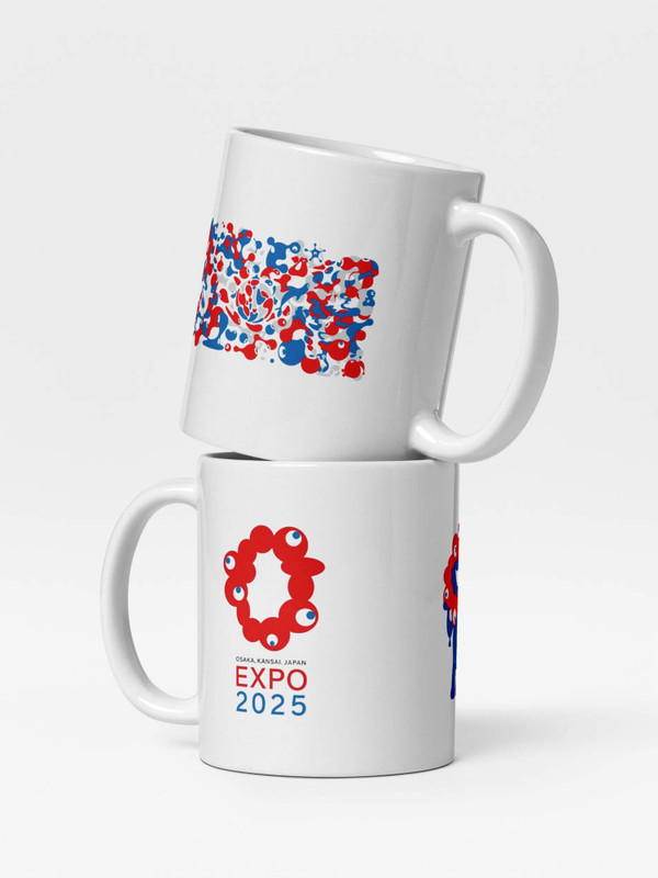 Osaka Expo 2025 Mug        Japanese graphic elements Myaku-Myaku character Branded product item drinks cup coffee, tea, juice, milk drinking cups ceramics in white with red blue characters logo motif design pattern Ceramic Anime Gifts Kansai Japan manga souvenirs mugs
