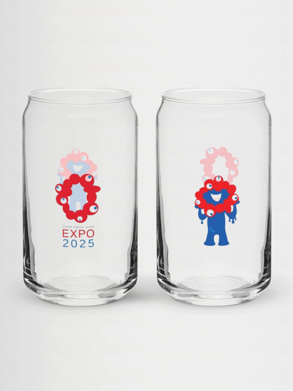 Can-Shaped Osaka Expo 2025 Glass Tumbler   Japanese graphic elements Myaku-Myaku character Drinks Glass wine, juice, milk drinking glasses Logo motif branded product item tumblers Glassware Transparent clear with red blue black letter print design Kansai Japan pattern tumblers manga souvenirs