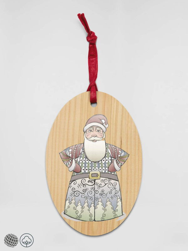 Santa Wooden Ornament   Festive Traditional Father Fr. Christmas Santa Claus Saint Nick handcrafted Hinoki wood with paper ribbon and magnet Christmas holiday season trees refrigerator magnets hanging decorative home ornaments in natural color with soft pastel colors oval shape design