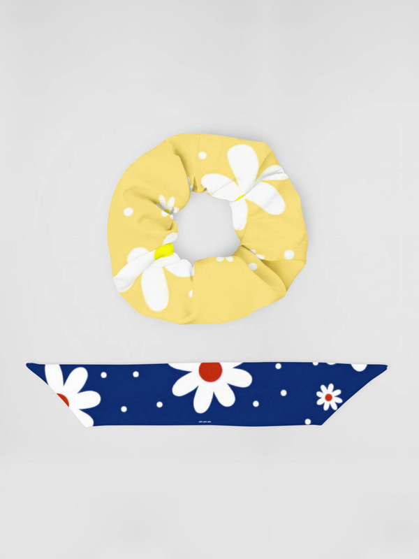 Daisy Recycled Scrunchie yellow  Women’s miteigi recycled material designed floral wrist hair ties for woman in white daisies on yellow scrunchies with blue background for flower bow Womens headband headwear accessory
