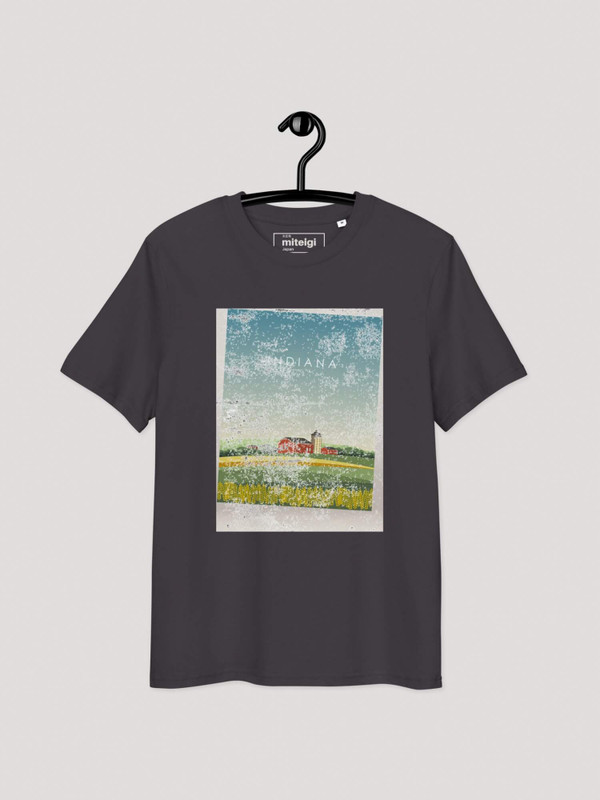 Organic Cotton T-Shirt indiana      Unisex anywear Women’s Men's Short Sleeves o-neck casual solid Anthracite color with pastel multicolor design American Tops womens mens crew neck round T-Shirts for tall-, plus-, size man woman world cities United States of America tees