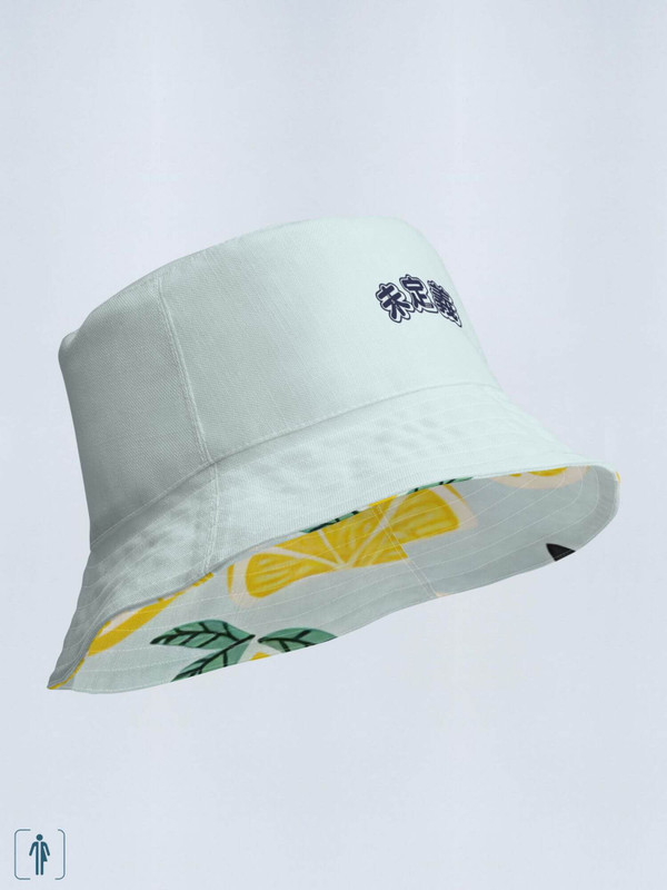 Reversible Lemons Bucket Hat miteigi EST. 2017 Arch Logo    Genderful Women’s Men’s anniversary branded product item Unisex anywear summer festival hats for woman man in light teal blue with lemon fruits Japanese traditional pattern Mens womens getaway holiday vacation beachwear Headwear
