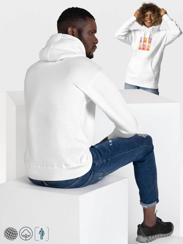 Little Buddha Hoodie        Genderful Unisex anywear Women’s Men's long Sleeves drawcords o-neck casual solid white color with pink yellow LOVE YOU!, BE HAPPY! Letter pastel multicolor print design Thai anime buddhas character kanga pouch hooded Tops womens mens crew neck round neck Sweatshirt for tall-, plus-, size man woman Thailand Buddhist characters Sweatshirts smiling faces positive messages prints