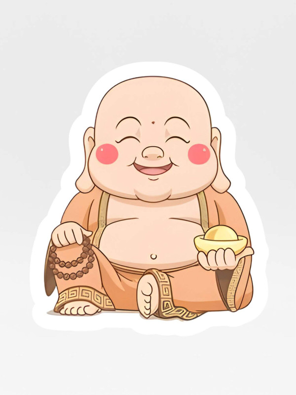 Happy Buddha Magnet    Thai religious design refrigerator anime characters magnets cartoon pattern in white with beige multicolor ink design collections sitting with prayer beads buddhas monk Thailand souvenirs collectors accessory kitchen office home accessories