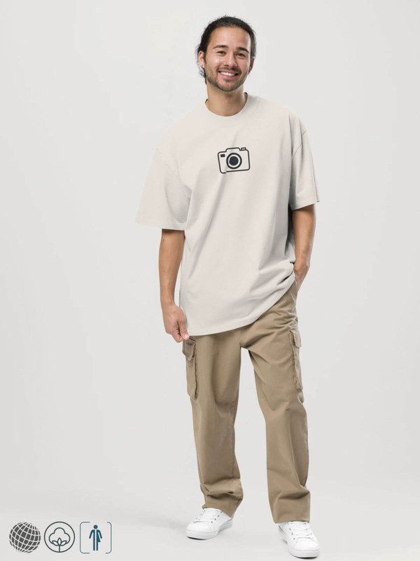 Oversized Faded Crewneck Popart T-Shirt       Genderful Unisex anywear Women’s Men's Short Sleeves o-neck casual solid khaki beige color with black ink camera design anime character Tops womens mens crew neck round T-Shirts for tall-, plus-, size man woman cameras illustrations tees