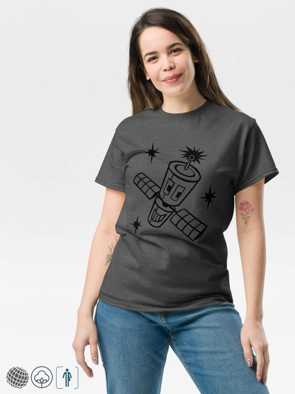 Smiley Satellite Crewneck T-Shirt  Genderful Unisex anywear Men’s Women’s petite-, tall-, plus-, size grey crew neck athletic round o-neck short sleeves T-shirts for man woman in Dark heather gray with black satellites print design tops mens womens space tees