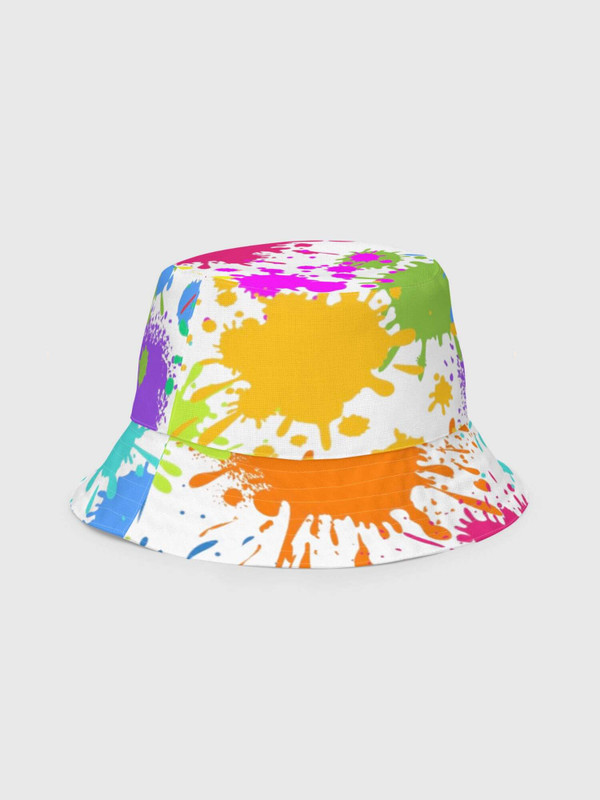 Reversible Splat x miteigi Logo Bucket Hat    Genderful Women’s Men’s Unisex anywear paintball splatter summer festival hats for woman man in white with rainbow multicolor paint splats and on reverse platinum red miteigi logo pattern Mens womens splodged splatters grunge y2k indie Headwear