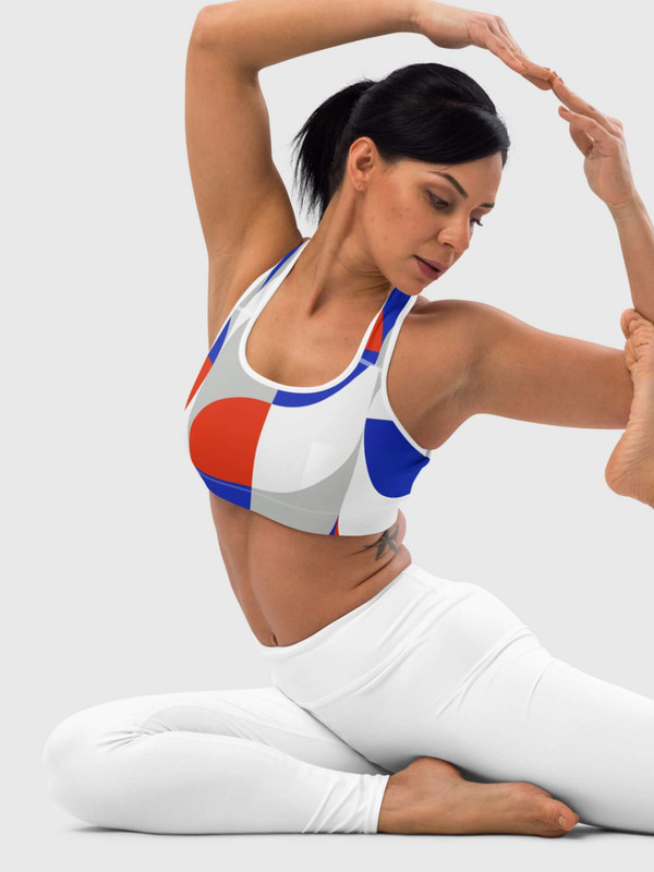 Padded Geo Sports Bra      Women’s MiteigiYūki sports gym fitness tank straps scoopneck running bras for woman in in red white blue gray grey with platinum letter on back inside label women’s yoga jogging sportswear scoop neck underwear petite-, tall-, plus-, size intimates
