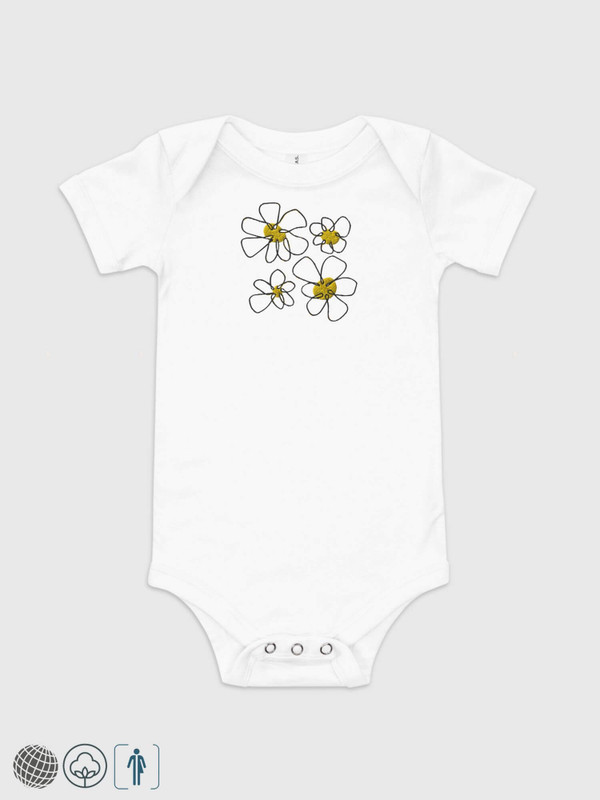Baby One Piece in Cotton-Linen  Genderful vegan Bodysuit Unisex anywear Boys Girls floral daisy short sleeves crewneck envelope neckline round o-neck three (3) button inseam snaps bottom closure 100% cotton linen one piece outfit in white with yellow black artistic daisies flowers Babies crew neck outfits