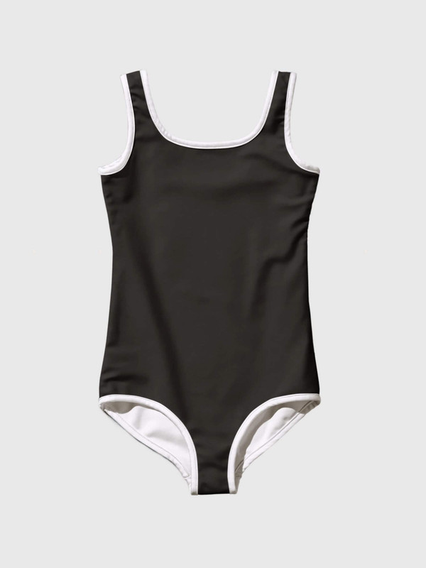 Kids Swimsuit black    Girls solid color tank straps scoopneck swimsuits for girl in ivory black with white trim design children’s swimwear