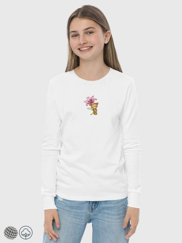 Kids miteigi x Bella + Canvas T-Shirt   Girls long sleeves crewneck T-Shirts in white with pink multicolor teddy bear holding a pink violet orchid flowers floral round o-neck Tops