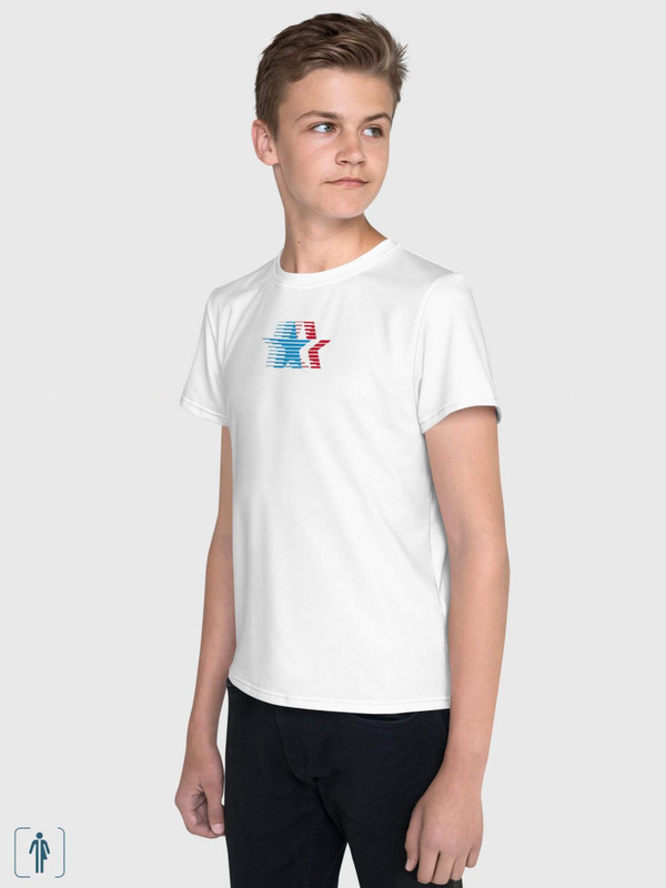 Boys USA T-Shirt   Kids American stars colors symbols crewneck short sleeves T-shirts in white with red blue striped stars round o-neck United States of America design 1984 Olympic Children’s Tops Childrens Tees