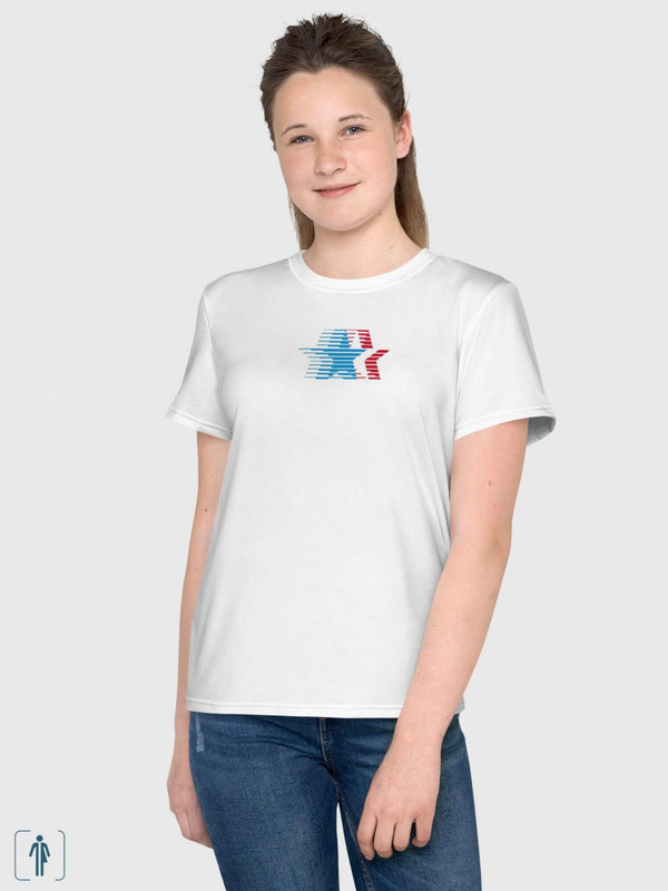 Girls USA T-Shirt   Kids American stars colors symbols crewneck short sleeves T-shirts in white with red blue striped stars round o-neck United States of America design 1984 Olympic Children’s Tops Childrens Tees