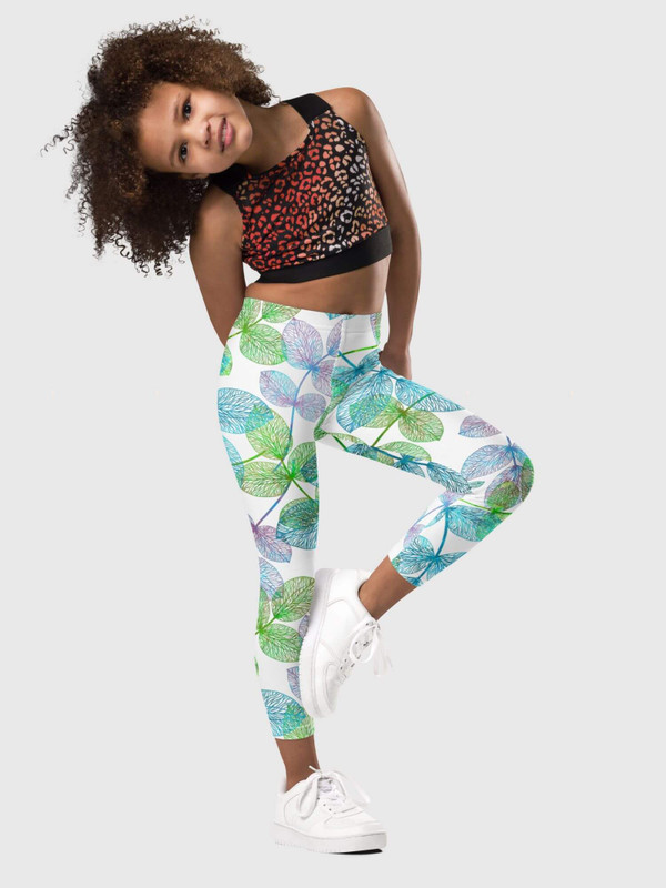 Kids Leaf Leggings blue  Girls high rise waist full length girl children’s pants in white with multicolor blue green illustration print logo Childrens Leaves fitness gym sportswear