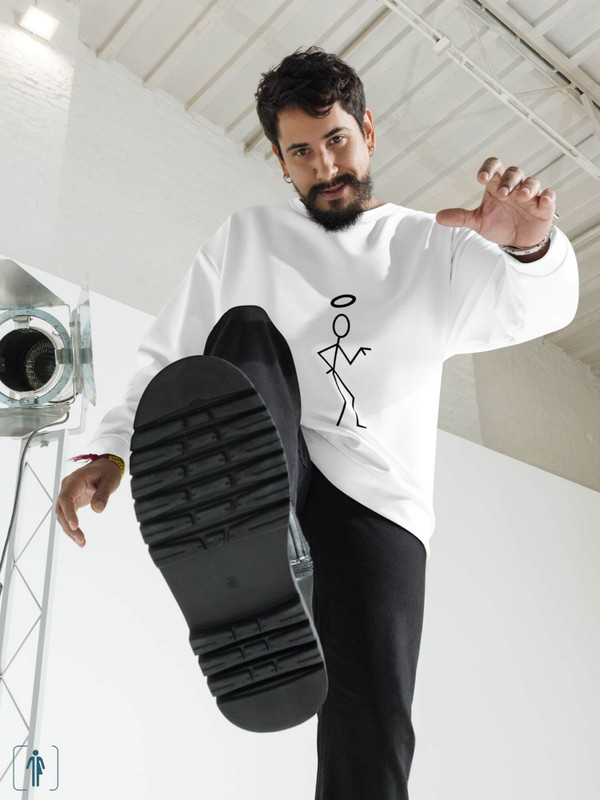 The Saint Sweatshirt      Unisex anywear Genderful Japanese Women’s Men's Long Sleeves o-neck Casual Solid Color womens mens crew neck round Tops Activewear crewneck sweatshirts for petite-, tall-, plus-, size man woman tees in white with black ink illustrated stick-man graphic design Fitness sports tennis Japan eco-friendly sportswear Roger Moore’s Simon Templar retro vintage classic tv series