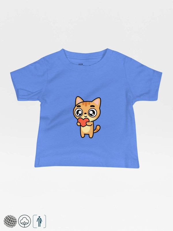 Baby Heart T-Shirt blue    Unisex Boys Girls Cat Anime characters cartoon design crew neck round o-neck short sleeves Tops for boy girl with brown kittens holding a red love hearts design T-shirts Babies cats animals Tees