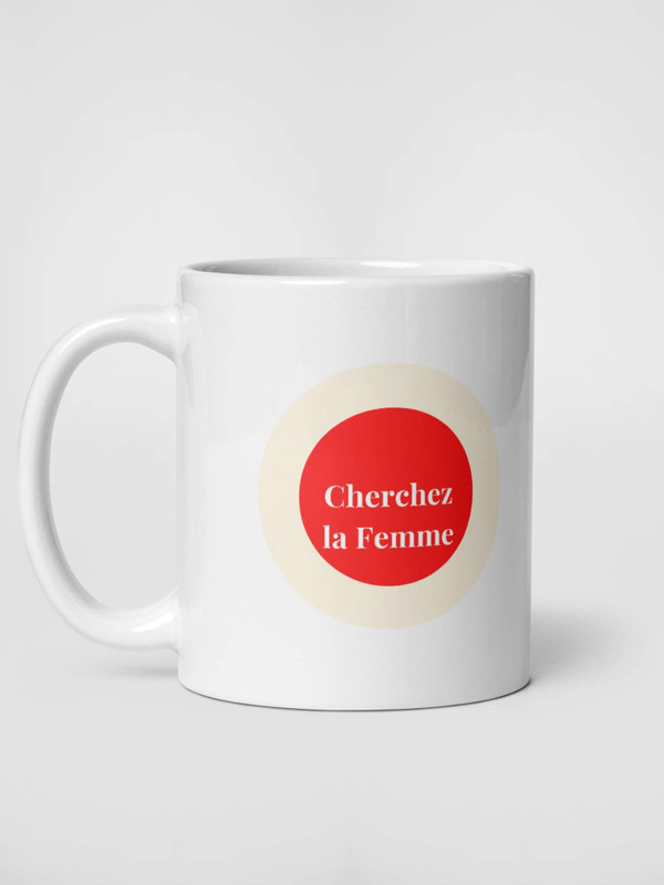 Illustrated look 'Cherchez la Femme' letter Le Pandora graphics drinks cup coffee, tea, juice, milk drinking cups miteigi branded product item tumblers ceramics in white with red cosmic latte circles and white “Seek the woman” in French letter pattern Ceramic Anime Gifts Japanese manga souvenirs mugs France