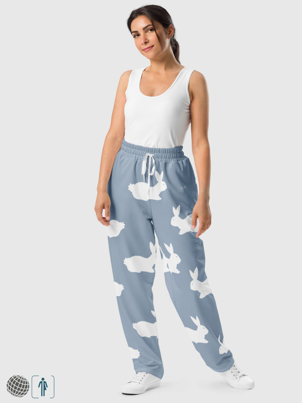 Mid Rise Wide-Leg Rabbit Joggers blue     Genderful Unisex answer Men’s Women’s miteigi Japanese script logo mid rise elasticated waist wide leg flared fitness gym running sport pants for man woman in dusk blue with platinum red letter and white rabbits design Mens Womens petite-, tall-, plus-, size ’90s fashion sports streetwear sweatpants