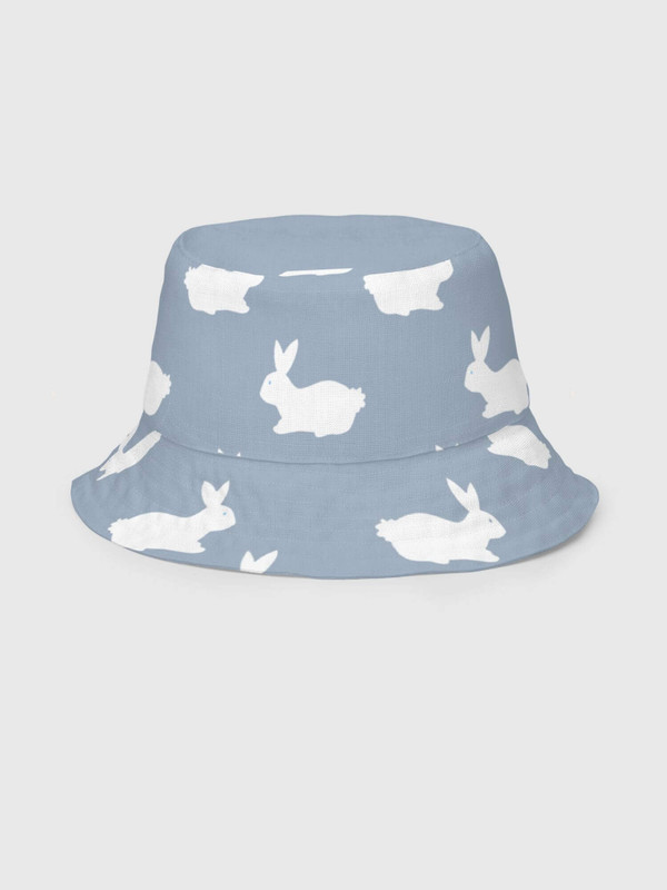 Reversible unisex headwear     Genderful Women’s Men’s Unisex anywear summer festival sun hats for woman man in dusk blue with white rabbits pattern on one side, plain with Japanese script miteigi undefined logo in platinum red on other side Mens womens getaway holiday vacation beachwear Headwear
