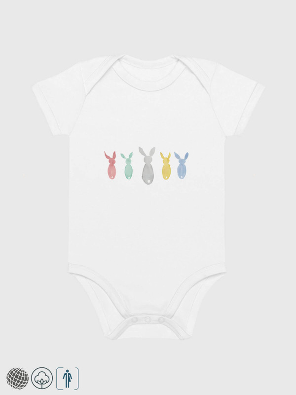 Baby One-Piece Cotton Bodysuit white   Unisex anywear Boys Girls illustrated short sleeves crewneck envelope neckline round o-neck three (3) button inseam snaps bottom closure 100% cotton linen one piece outfit in white with multi rabbits backs artistic animals paintings Babies crew neck vegan outfits