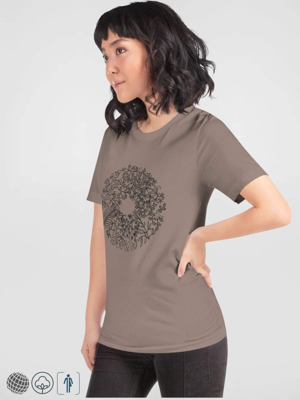 Floral Graphic T-Shirt    Genderfu Women’s Short Sleeves o-neck leaf wreath Casual Solid Color womens crew neck round Tops T-Shirts for petite-, tall-, plus-, size woman tees in pebble brown with black ink flowers leaves design