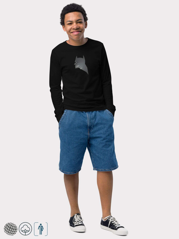 Kids miteigi x Bella + Canvas Batman T-Shirt black    Boys long sleeves crewneck T-shirts with profile face graphic round o-neck children’s crew neck Tops