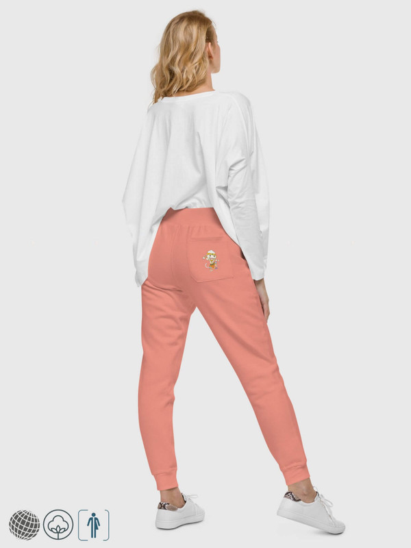Thai Fleece Sweatpants   Genderful Unisex anywear Men’s Women’s everyday use relaxed fit elasticated high rise waist with drawcords, back right side patch pocket with Thai character in traditional dress dancing  and tapered full leg for man woman in Dusk rose pink and Carbon Gray grey Mens Womens activewear running jogging pants Thailand Sportswear Joggers