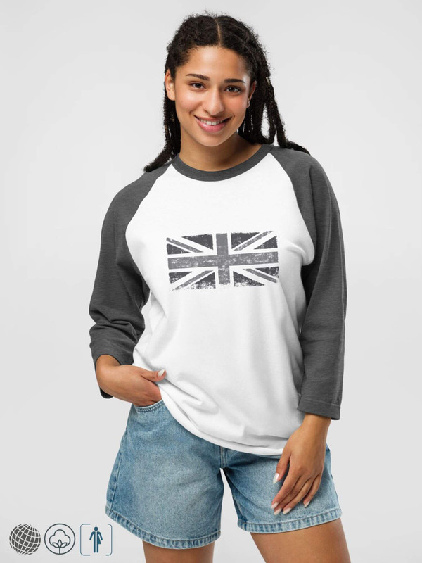 Modern Raglan T-Shirt   Genderful Unisex Anywear Mens Women’s Summer Tees Union Jack British Flag in grey round crewneck O-neck U.K. United Kingdom punkrock gothic streetwear tops  ¾ sleeves petite-, tall-, plus-, size crew neck fashion T-shirts for Man Woman in charcoal heather gray and white Men’s Womens Great Britain punk goth grunge y2k styles