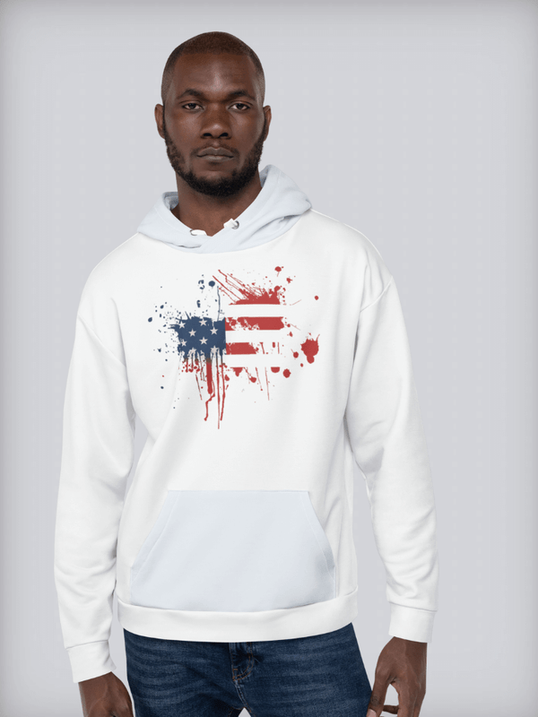 The Patriot Vintage Soft Hoodie USA white    Genderful Unisex anywear Men’s Women’s American long sleeves kanga kangaroo pouch pocket hooded neckline with drawcords fitness gym Sweatshirt for man woman in white with light blue pocket and hood and red blue graphical map of the United States of America design Mens Womens everyday use petite-  tall-, plus-, size activewear USA sportswear sweatshirts hoodies
