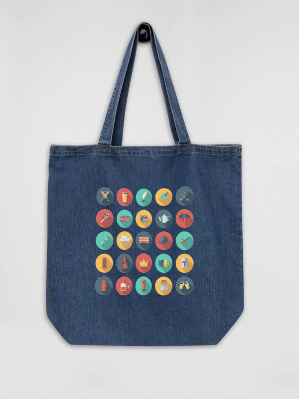 Organic Denim Brit Tote Bag      Cartoon icons of Great Britain GB U.K. illustrated symbols characters logo branded product item Beach travel vacation holiday getaway everyday use Fitness Sports Activewear PETA approved vegan luggage British baggage blue design multi illustrations United Kingdom UK bags Pint, Golf Clubs, Cricket, Quill and ink bottle, Robin Hood Hat, Tea, Union Jack Flag, Library’s, Teapot, Umbrella, Swords, Weather Symbol Rain Cloud, London Red Bus, Bowler Hat, Smoking Pipe, BT Telephone Box, Country Map, Kings Queens Crown, Jokers Face Masks, Knights Metal Helmet, Fire Hydrant, NHS Blood Transfusion, Post Office Postal Mail Box, Tea Kettle, Cheers Bar Pints Glasses
