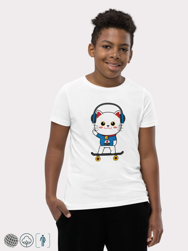 Kids TYO Gold T-Shirt     Kids boys earphones TOKYO letter cat skateboarding 100% cotton crewneck short sleeves T-shirts in white with multi color round o-neck character cartoon anime Children’s Tops Childrens petite-, tall-, plus-, size Tees
