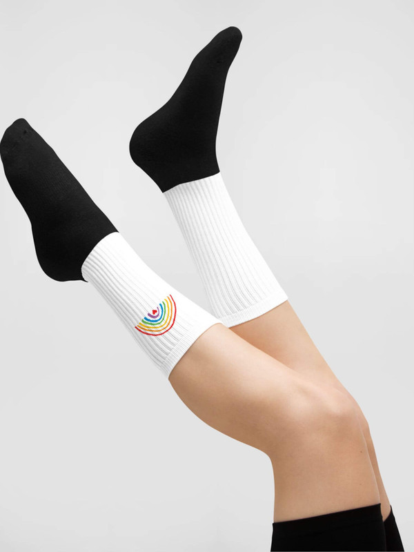 Rainbow Socks Genderful Men’s Women’s unisex anywear ribbed footwear for man woman in white with black inner soles Womens Mens lgbtq+ multicolor mid-calf tall-, plus-, size Sox
