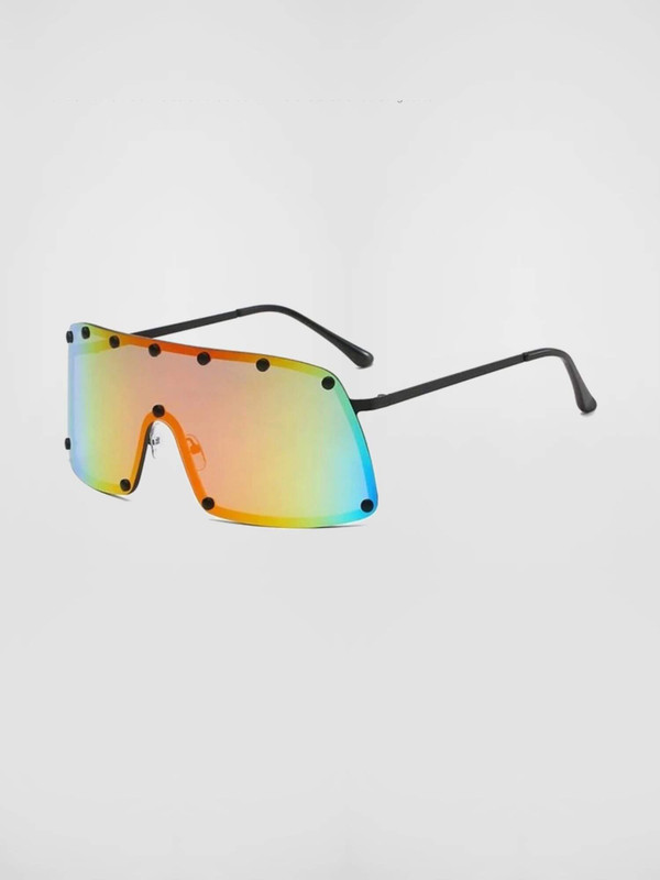Oversized Shield Multi Sunglasses  Genderful Anywear Unisex Womens Men’s Vintage Rainbow One Piece Fashion Unique Full Rivet Sexy Womens Mens Sun Glasses Windproof Eyewear for Man Woman in brown tea
