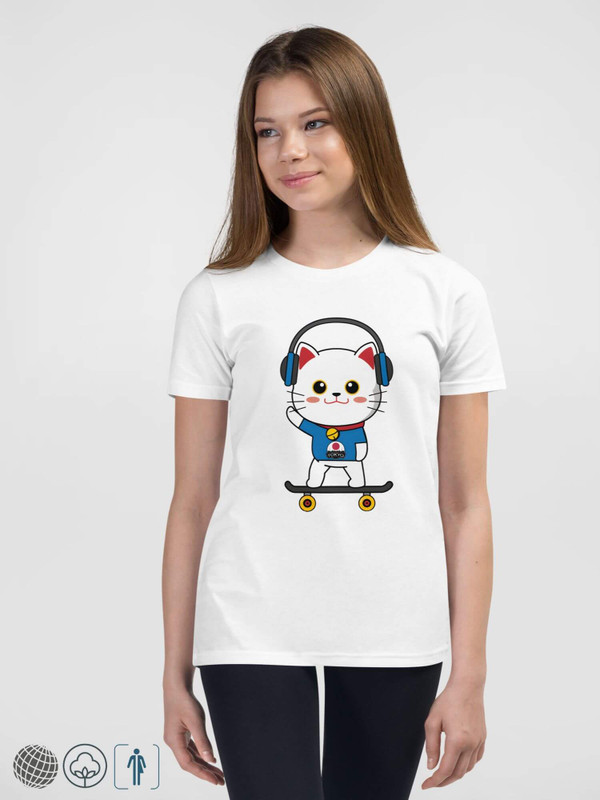 Girls TYO Gold T-Shirt     Kids girl earphones TOKYO letter cat skateboarding 100% cotton crewneck short sleeves T-shirts in white with multi color round o-neck character cartoon anime Children’s Tops Childrens petite-, tall-, plus-, size Kids Tees