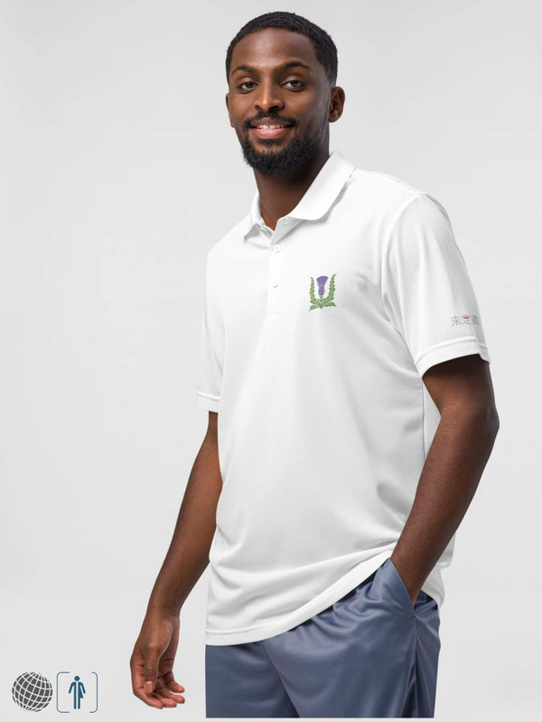 adidas x miteigi Sport Polo Shirt     Genderful Men's Casual Short Sleeves Button Up Loose Scottish floral Thistle design Vintage Tops Shirts for man Summer petite-, tall-, plus -, size mens Business workwear Scotland flowers Fashion in white with Gray grey platinum red logo