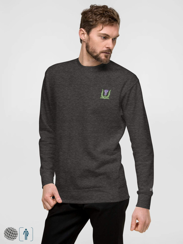 Embroidered Heritage Sweatshirt gray Genderful Men’s crewneck long sleeves thistle floral embroidery Scottish Thistle logo with miteigi Japanese Script on left wrist sweatshirts for man in Charcoal heather grey with purple green design sweatshirts Unisex anywear round o-neck crew neck Petite-, tall-, plus-, size traditional grey mens Scotland flowers tops
