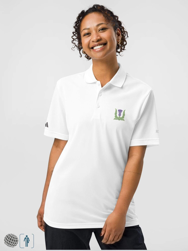 adidas x miteigi Sport Polo Shirt     white Genderful Women's Casual Short Sleeves Button Up Loose Scottish floral Thistle design Vintage Tops Shirts for woman Summer petite-, tall-, plus -, size womens Business workwear Scotland flowers Fashion with Gray grey platinum red logo