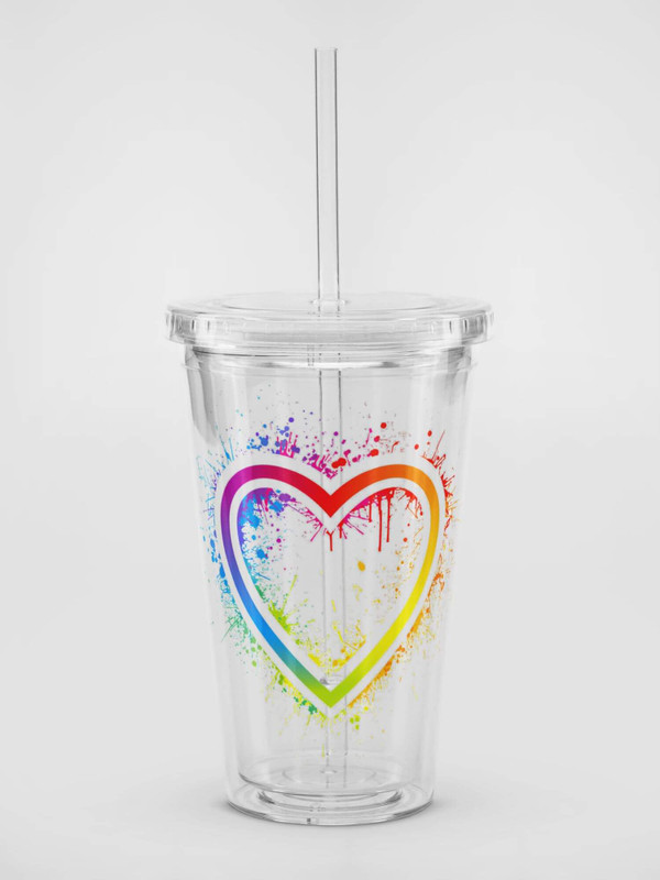 Double Wall Clear Plastic Tumbler (16 oz)    Transparent multicolor rainbow love heart drinking mugs Clear plastic glassware with screw lid and straw