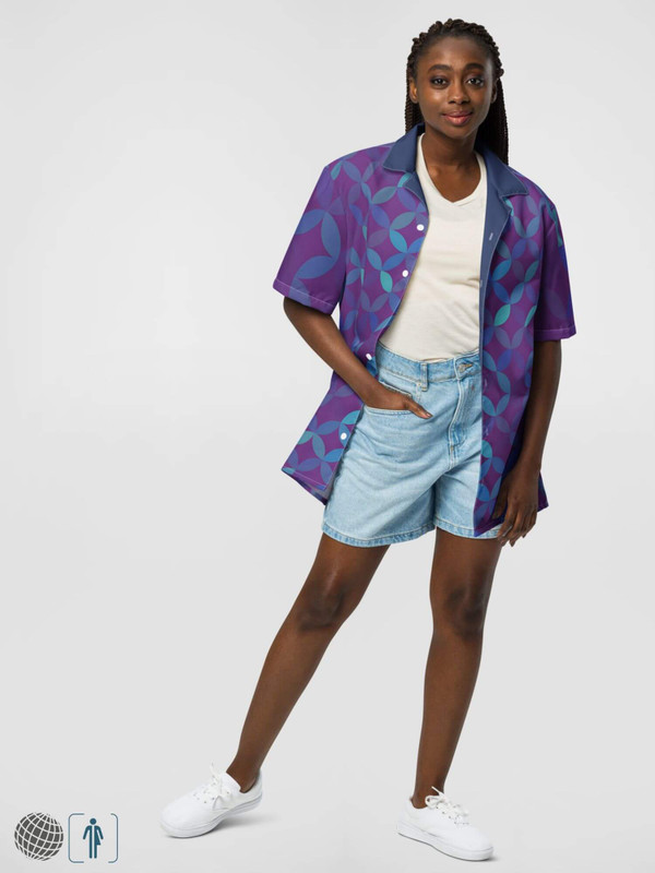 Geo Button Up Shirt    Genderful Women’s geometrical circles diamonds button-up turn-down collar short sleeves shirts for woman in dusk purple multi design Womens UPF50+ protection vacation holiday getaway 1970’s petite-, tall-, plus-, size unisex anywear ‘70s Tops
