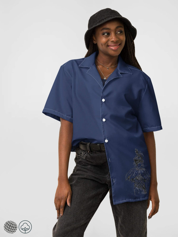 Victorian Button Up Shirt    Women’s illustrated black ink print button-up turn-down collar short sleeves shirts for woman in dusk blue design Womens UPF50+ protection vacation holiday getaway 1970’s petite-, tall-, plus-, size ‘70s Top