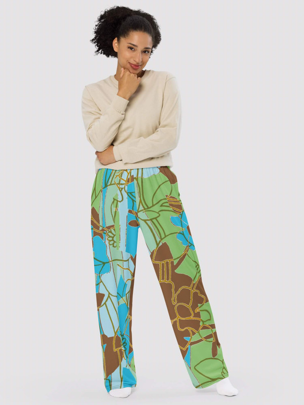 Wide-Leg PJ Pants  Women’s multi green brown floral loungewear pajamas for woman in multicolor flowers design Womens petite-, tall-, plus-, size elastic waist closure sweatpants
